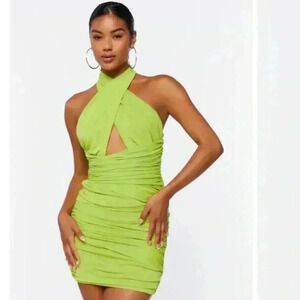 NWT Forever 21 Crisscross Halter Ruched Bodycon Mini Dress Lime Green Apple Sz S